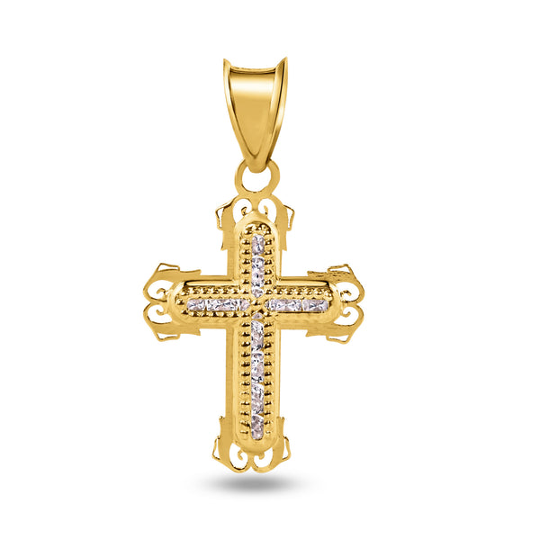 14P00070 - Colgante de oro amarillo de 14 quilates con cruz y circonita transparente con borde cruzado