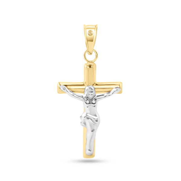 14P00084. - Colgante de cruz de tubo hueco de Jesús de oro blanco con cruz de 2 caras de oro amarillo de 14 quilates