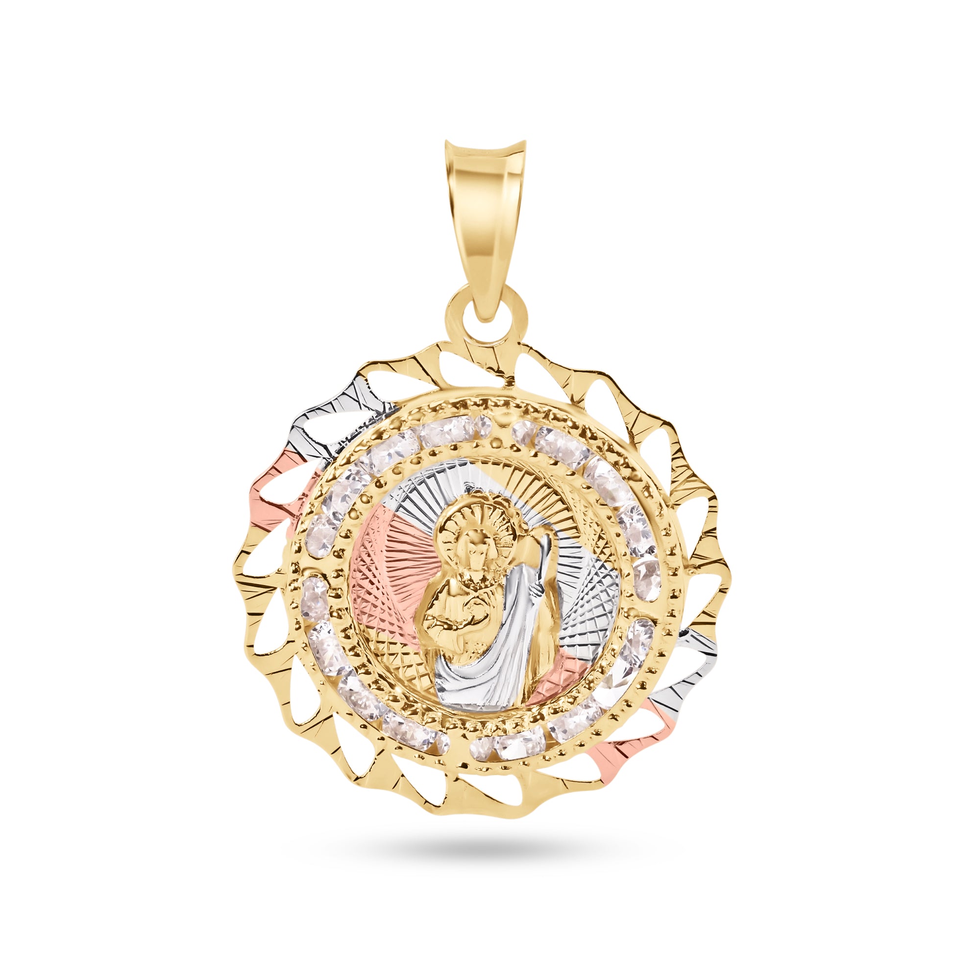 14P00088. - 14 Karat Yellow Gold 2 Tone 20mm Diamond Cut Bezel Saint Jude Clear CZ Pendant