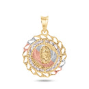 14P00089. - 14 Karat Yellow Gold 2 Tone 20mm Diamond Cut Bezel Our Lady of Guadalupe Clear CZ Pendant