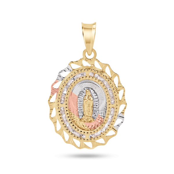 14P00095. - Oro amarillo de 14 quilates, 2 tonos, 20 mm, bisel ovalado con talla de diamante, colgante de circonita transparente de Nuestra Señora de Guadalupe