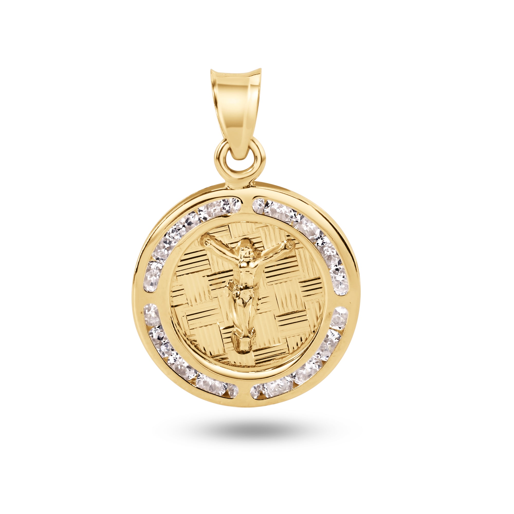 14P00099. - 14 Karat Yellow Gold 16mm Round Jesus Christ Clear CZ Pendant