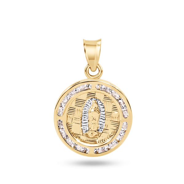 14P00100. - 14 Karat Yellow Gold 16mm Round Our Lady of Guadalupe Clear CZ Pendant