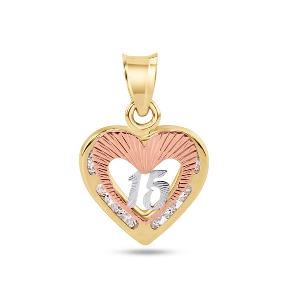 14P00115. - Colgante de oro amarillo de 14 quilates con forma de corazón de 2 tonos Quinceañera de 15 años con circonita transparente con corte de diamante