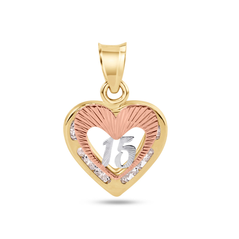 14P00115. - Colgante de oro amarillo de 14 quilates con forma de corazón de 2 tonos Quinceañera de 15 años con circonita transparente con corte de diamante