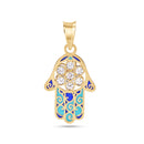 14P00116. - Colgante Hamsa de oro amarillo de 14 quilates con esmalte turquesa y azul con circonita transparente