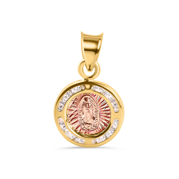 14P00124. - 14 Karat Yellow Gold Round Our Lady of Guadalupe Two Tone Diamond Cut Clear CZ 11mm Pendant