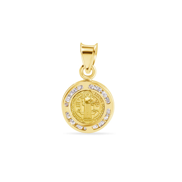 14P00125. - 14 Karat Yellow Gold Round Saint Benedict Medal Prayer Clear CZ 11mm Pendant