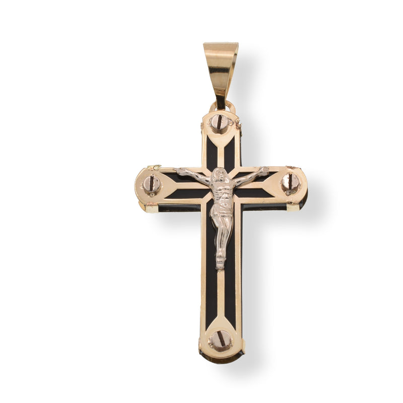 14P00170. - 14 Karat Yellow Gold Cross Jesus Christ Black Enamel 18.3mm x 30.5mm Pendant