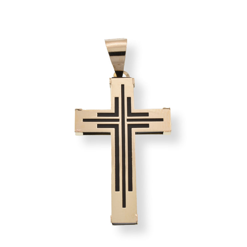 14P00173. - 14 Karat Yellow Gold Outline Design Cross Black Enamel 20.8mm x 33.5mm Pendant