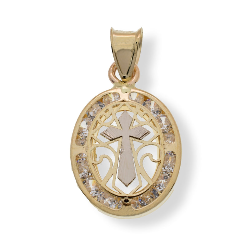 14P00174. - 14 Karat Yellow Gold Oval Abstract Diamond Cut Cross Clear CZ 12.2mm x 15.4mm Pendant