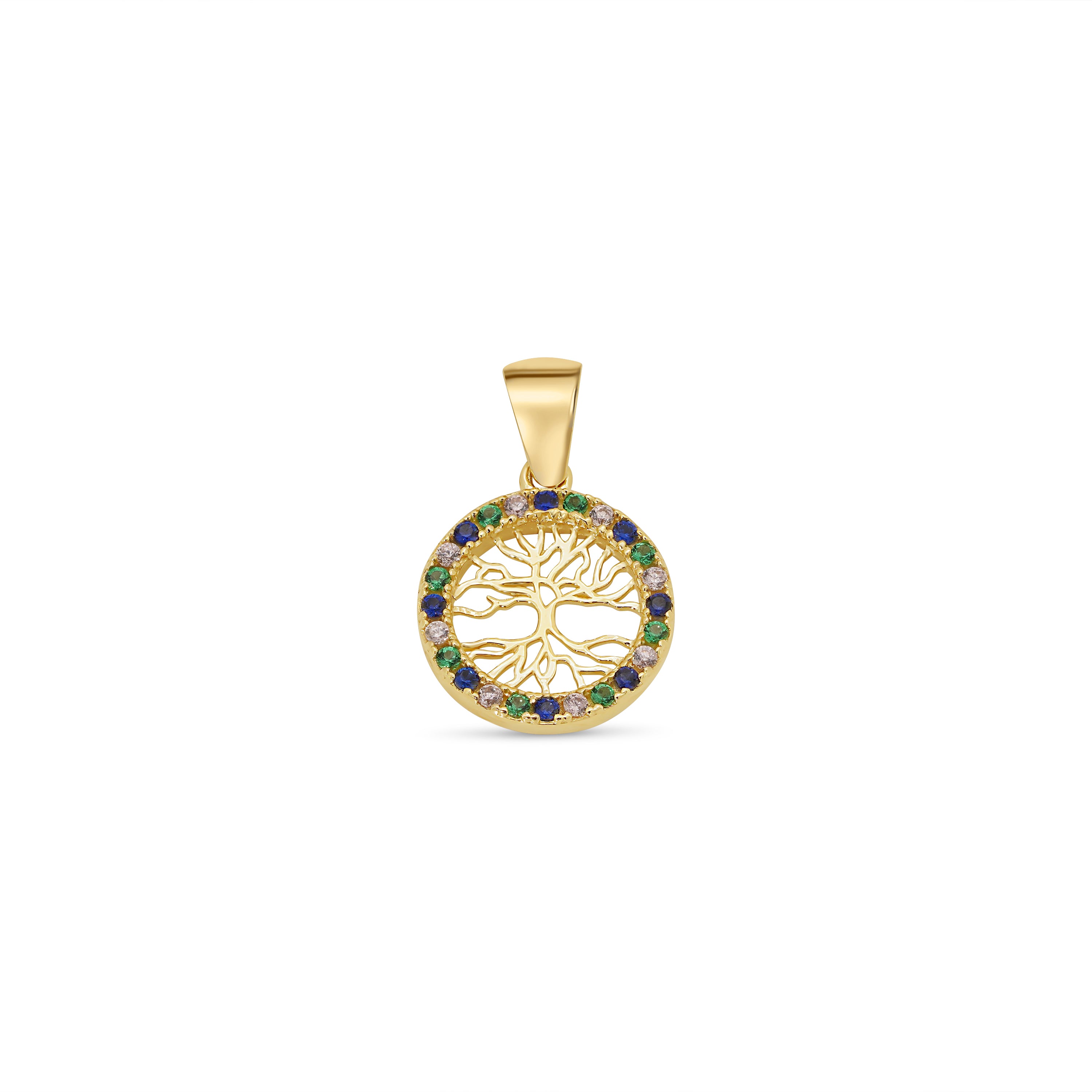 14KP0004. - 14 Karat Yellow Gold 11.5mm Reversible Tree of Life Clear or Clear Blue and Green CZ Studded Pendant