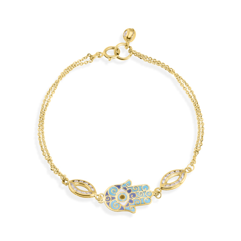 14B00001. - 14 Karat Yellow Gold  Double Strand 030 Cable Enamel Hamsa Clear CZ Bracelet