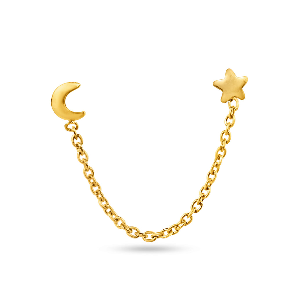 14 Karat Yellow Gold Double Piercing Star and Moon Screw Back