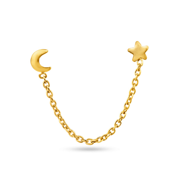 14E00400. - 14 Karat Yellow Gold Double Piercing Star and Moon Screw Back Earrings