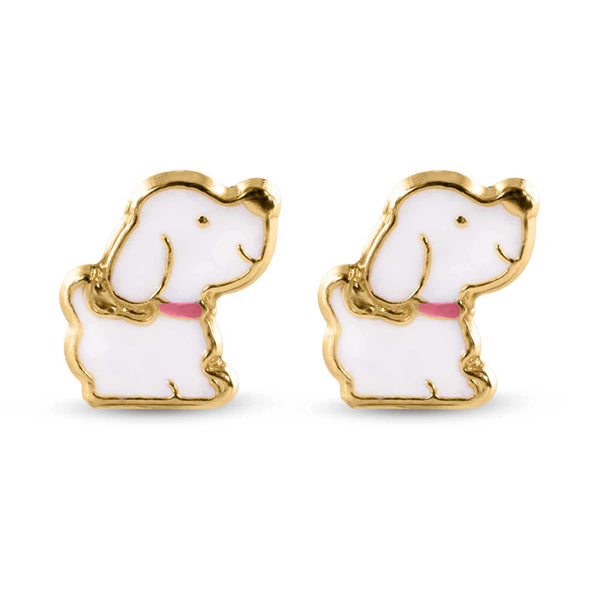 14E00433. - 14 Karat Dog White Enamel Pink Leash Screw Back Earrings
