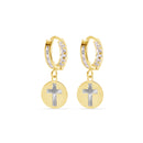 14E00454. - 14 Karat Yellow Gold 11.5mm Hoop Studded Clear CZ Diamond Cut Cross Latch Box Earrings
