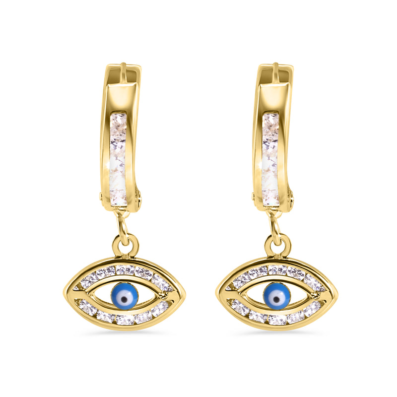 14E00457. - 14 Karat Yellow Gold 11.7mm Hoop Studded Clear CZ Evil Eye Latch Box Earrings