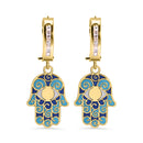 14E00459. - 14 Karat Yellow Gold 11.7mm Hoop Studded Clear CZ Enamel Hamsa Latch Box Earrings