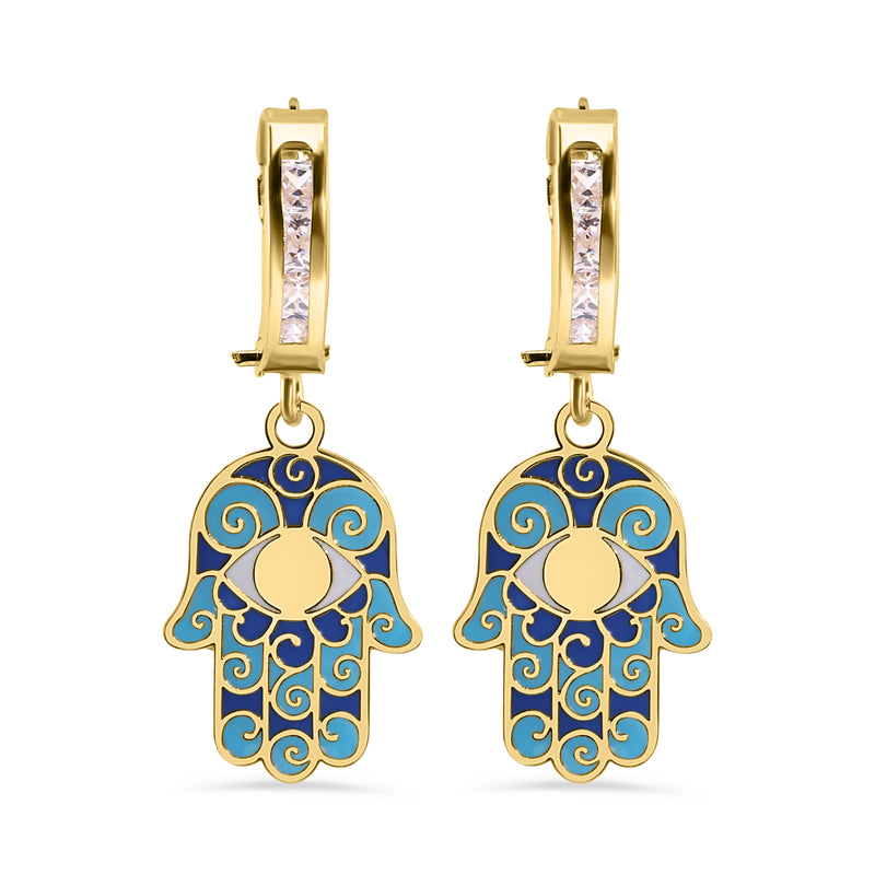 14E00459. - 14 Karat Yellow Gold 11.7mm Hoop Studded Clear CZ Enamel Hamsa Latch Box Earrings