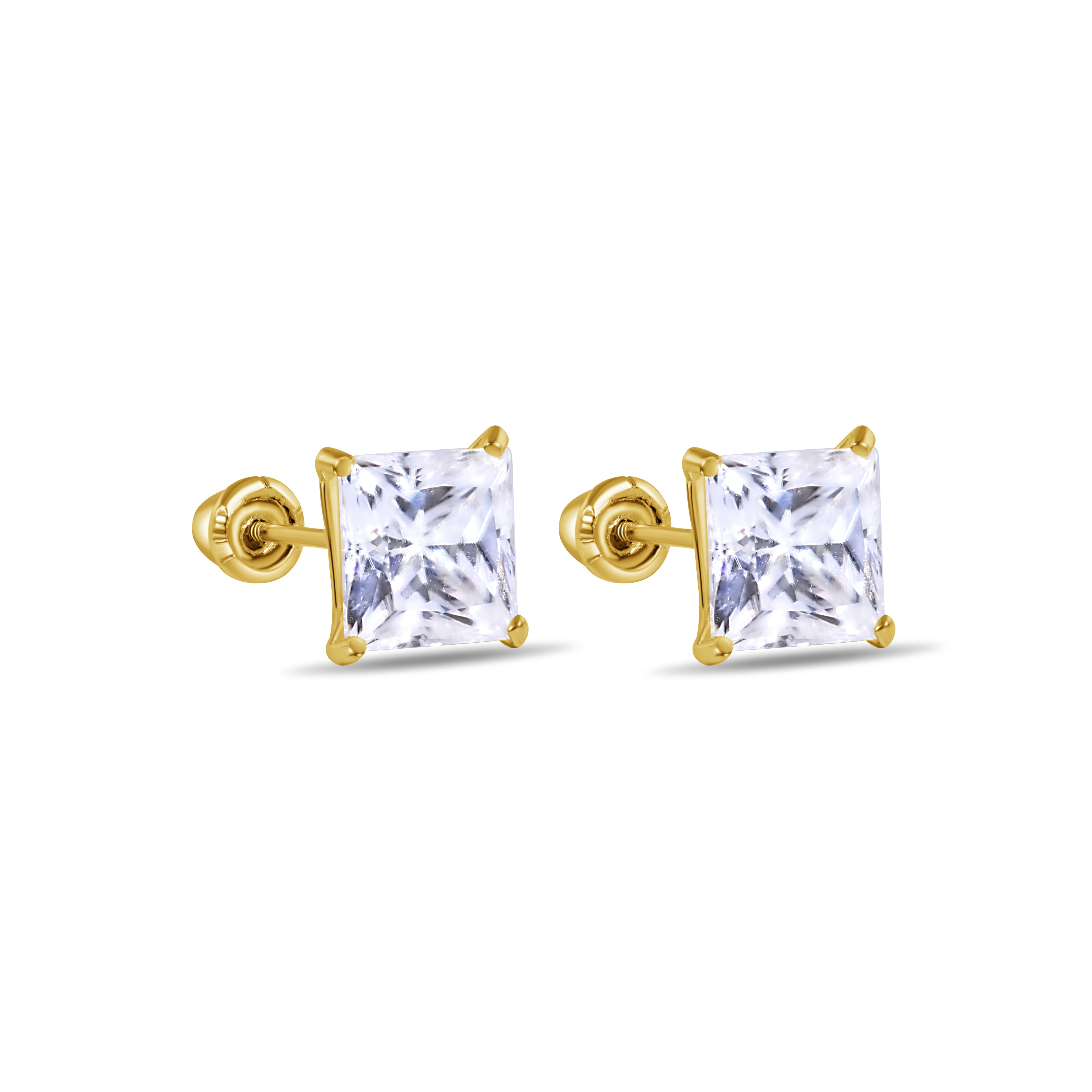 14 Karat Yellow Gold Square Moissanite Stud Screw Back Earring