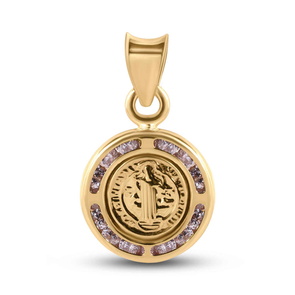 14P00107. - 14 Karat Yellow Gold 11.5mm Saint Benedict Medal Clear CZ Pendant