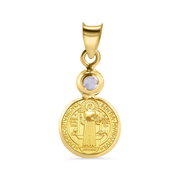 14P00126. - 14 Karat Yellow Gold Round Saint Benedict Medal Prayer Clear CZ 10.7mm Pendant