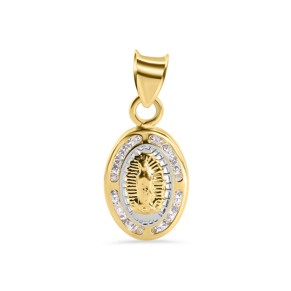 14P00128. - 14 Karat Yellow Gold Oval Our Lady of Guadalupe Clear CZ Pendant