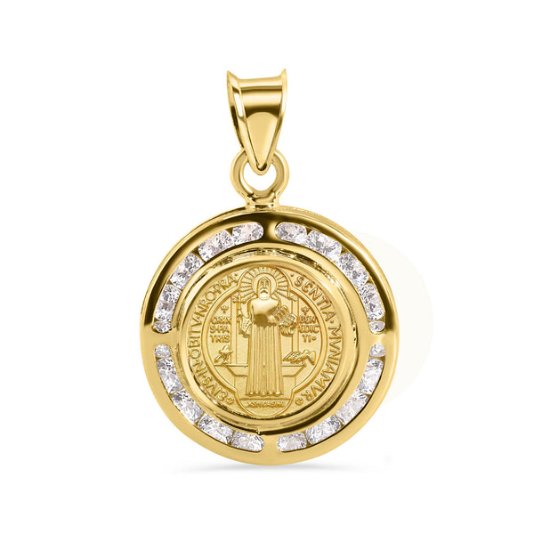 14P00131. - 14 Karat Yellow Gold Round Saint Benedict Medal Prayer Clear CZ 16.6mm Pendant