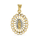 14P00132. - 14 Karat Yellow Gold Oval Our Lady of Guadalupe Diamond Cut Clear CZ Pendant