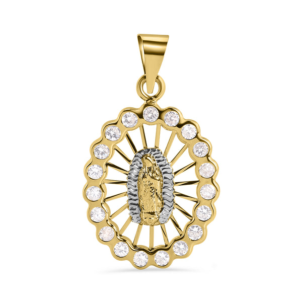 14P00132. - 14 Karat Yellow Gold Oval Our Lady of Guadalupe Diamond Cut Clear CZ Pendant
