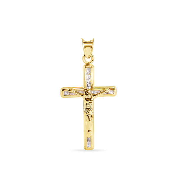 14P00144. - 14 Karat Yellow Gold Cross Jesus Christ Clear CZ Pendant
