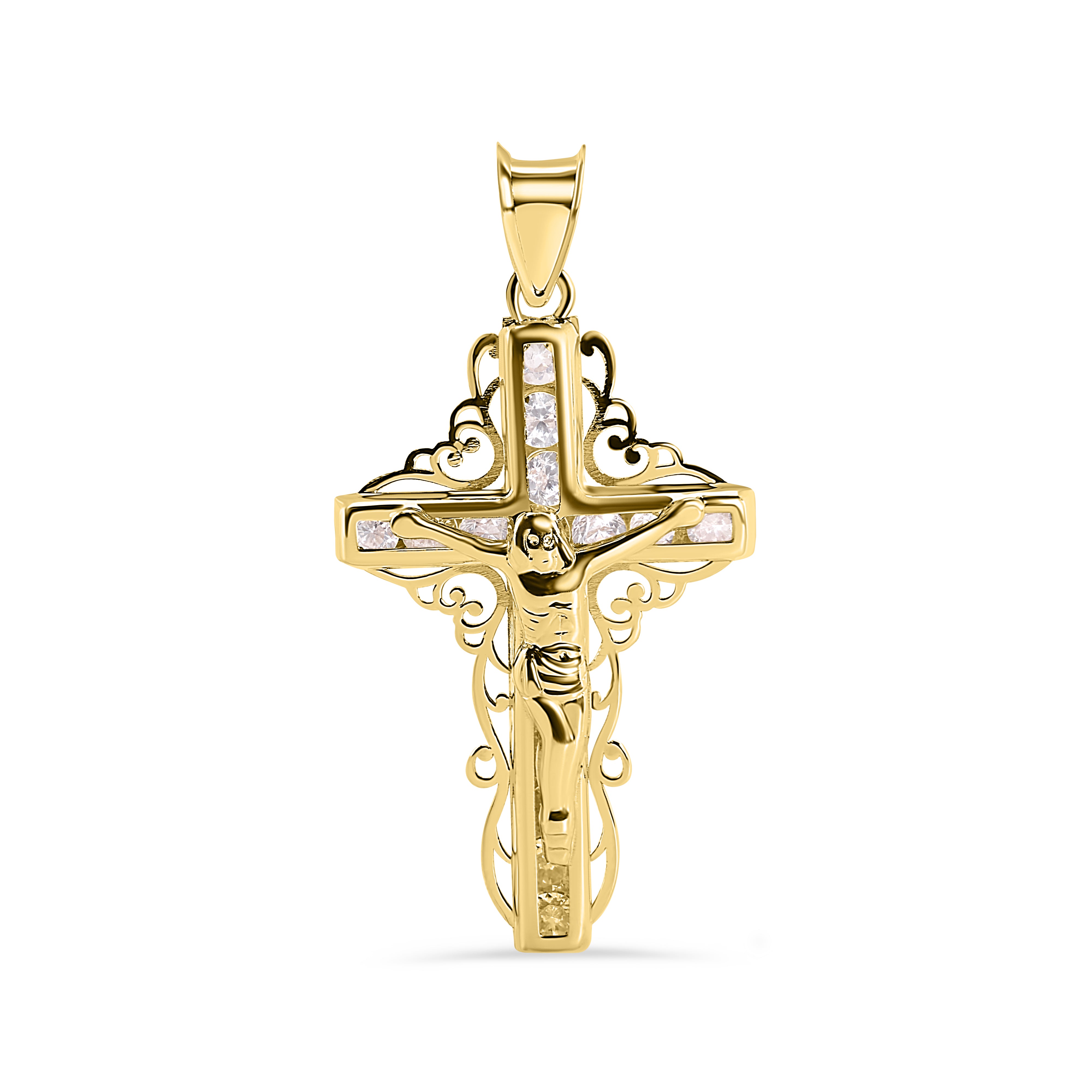 14P00145. - 14 Karat Yellow Gold Celtic Cross Jesus Christ Clear