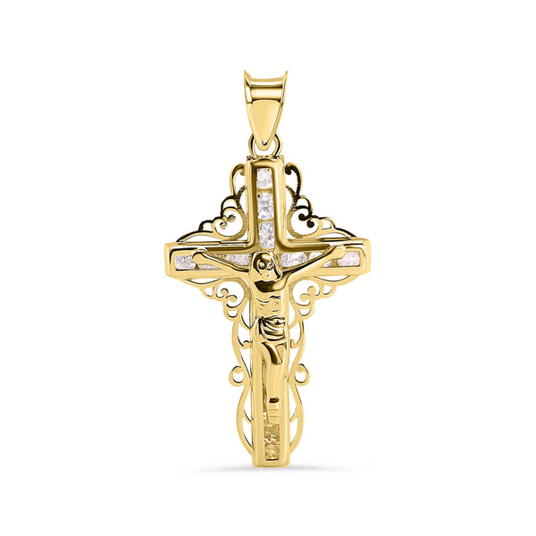 14P00145. - 14 Karat Yellow Gold Celtic Cross Jesus Christ Clear CZ Pendant
