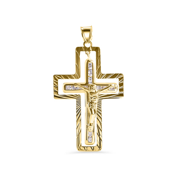 14P00146. - 14 Karat Yellow Gold Two Diamond Cut Outer Cross Jesus Christ Clear CZ Pendant