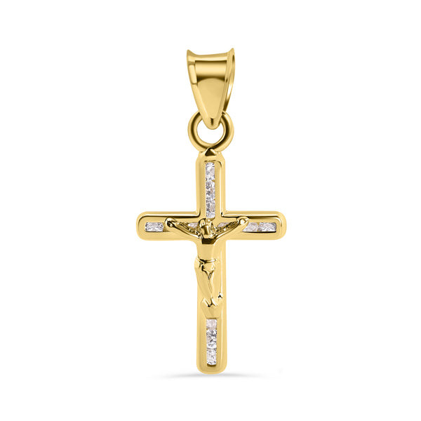 14P00147. - 14 Karat Yellow Gold Cross Jesus Christ Clear CZ Pendant