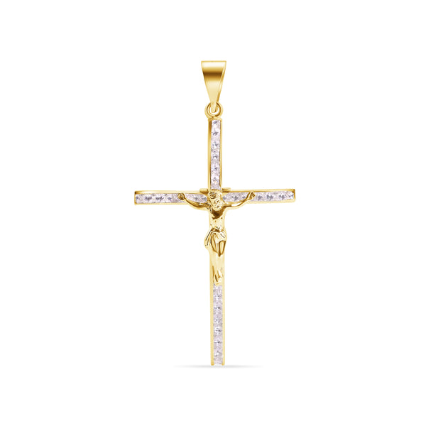 14P00151. - 14 Karat Yellow Cross Jesus Christ Studded Clear CZ Pendant