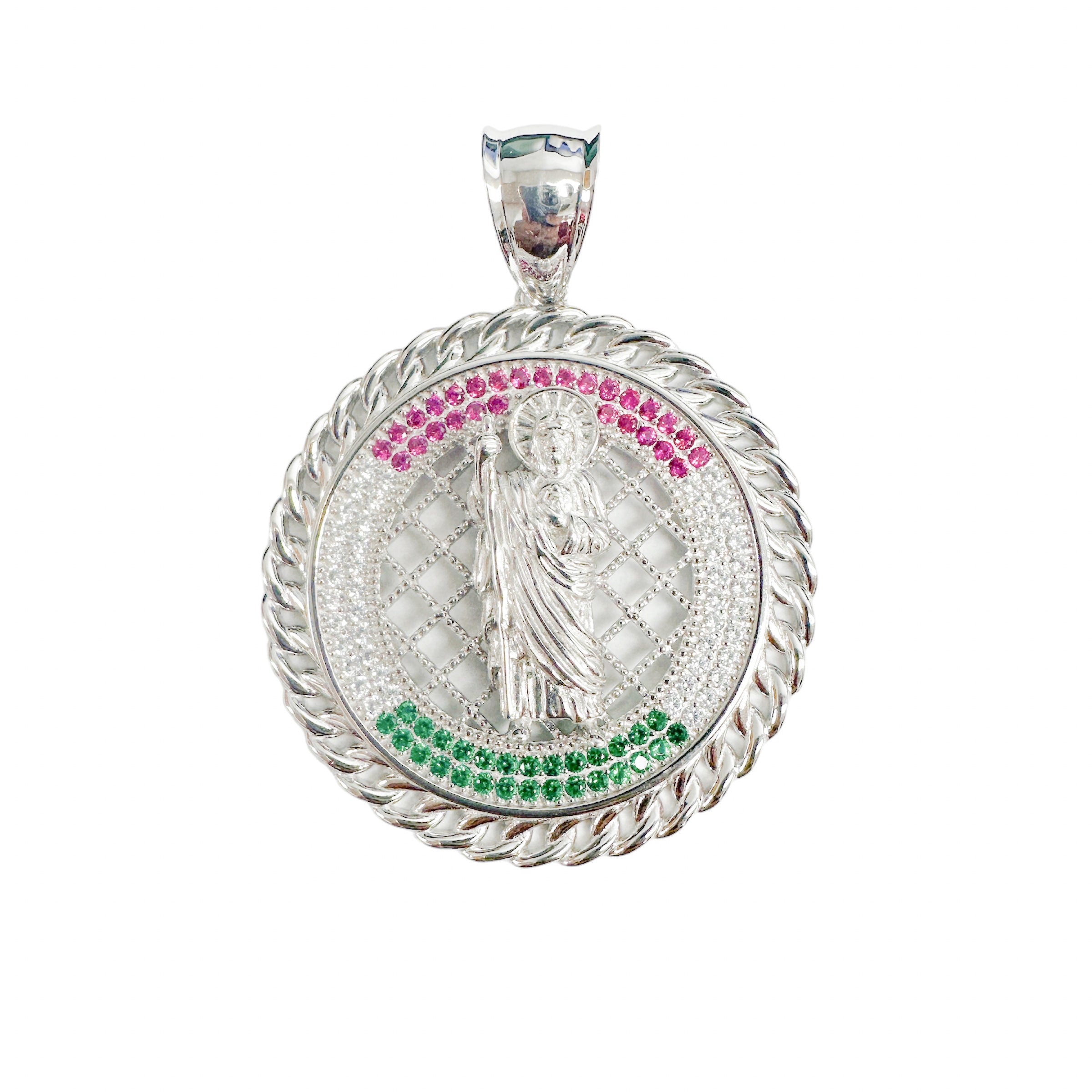 Colgante de San Judas Tadeo de plata de ley 925 rodiada con circonitas verdes y rojas transparentes de 35 mm - SLP00358