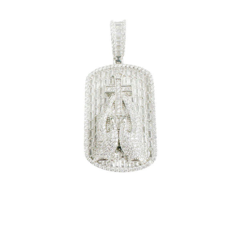 Colgante de plata 925 chapado en rodio con cruz de manos rezando y circonita transparente - SLP00371