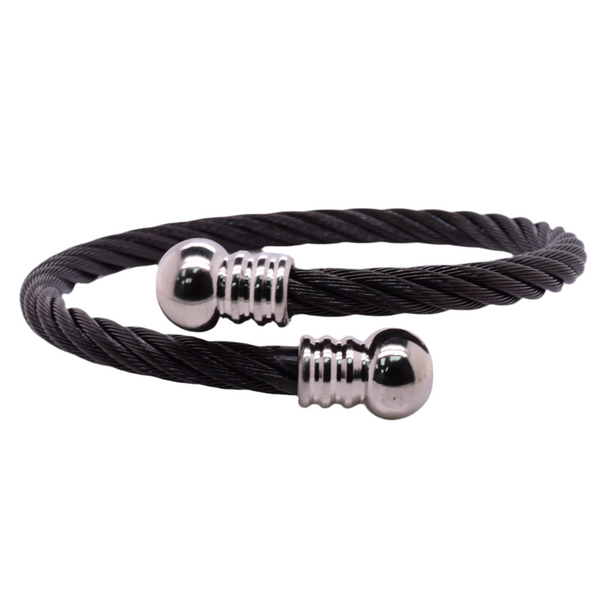 Stainless Steel Black Cable Steel Round Ball Ending 4.5mm Bangle - SBB00007