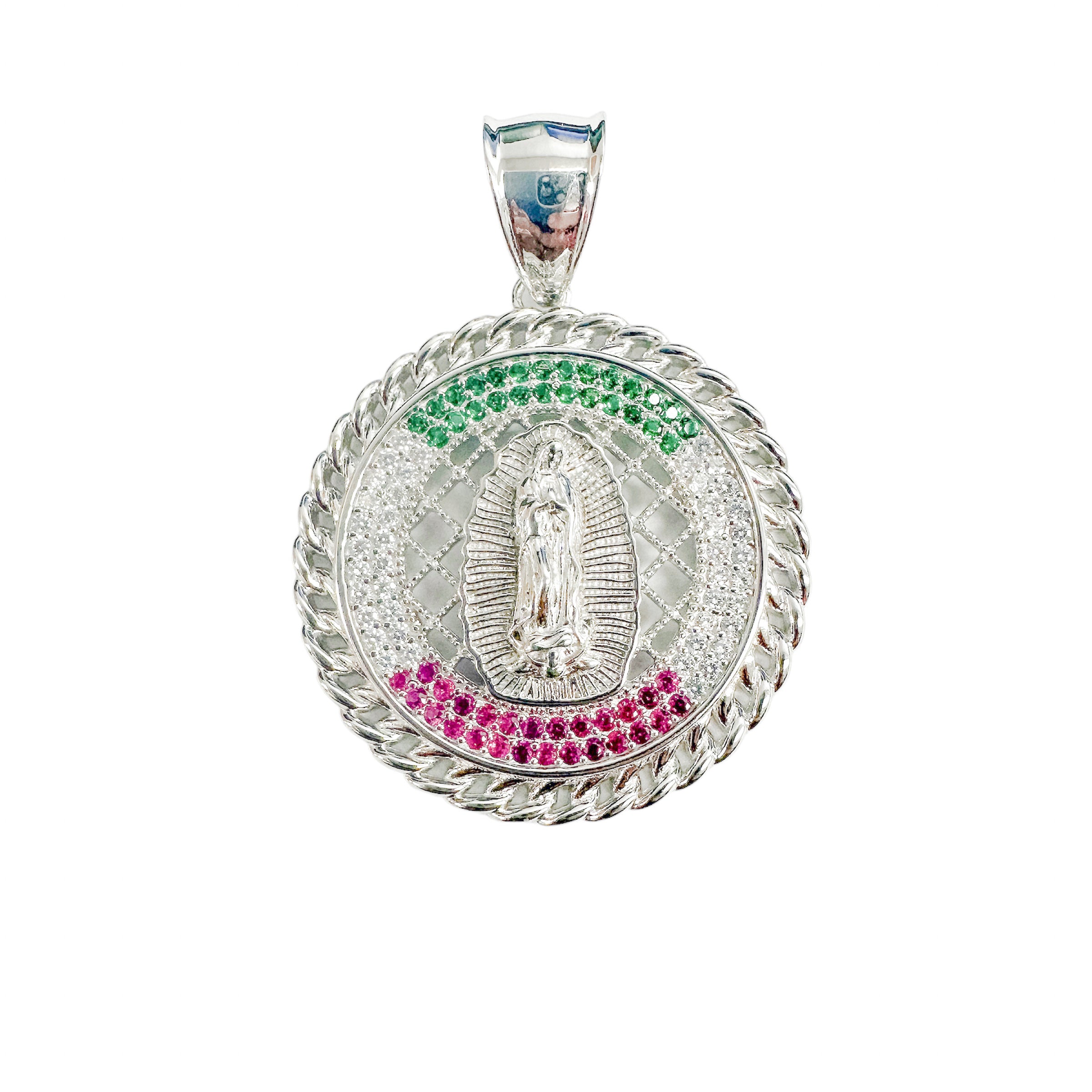 Colgante de Nuestra Señora de Guadalupe en plata de ley 925 rodiada con circonitas verdes y rojas transparentes de 29 mm - SLP00360