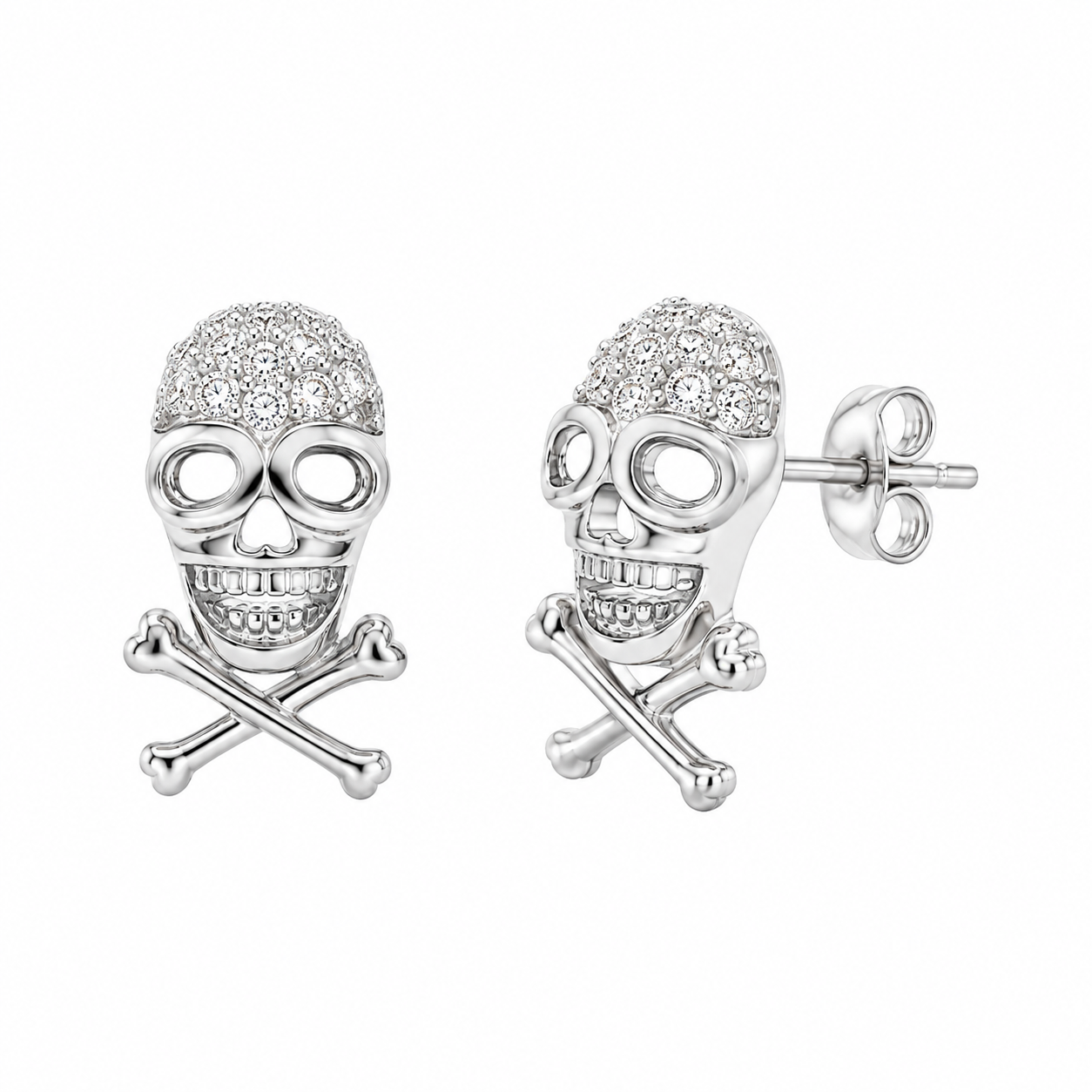 Rhodium Plated 925 Sterling Silver Skull & Crossbones CZ Stud Earring - ACE00001