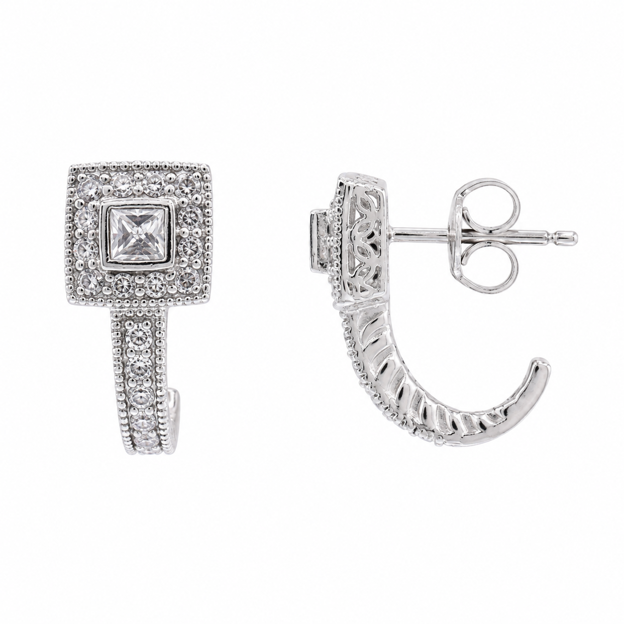Rhodium Plated 925 Sterling Silver Micro Pave Half Hoop Earring- ACE00003