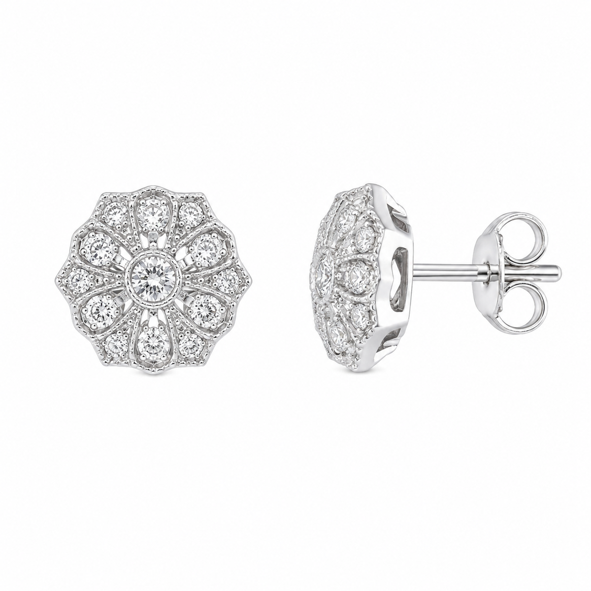 Rhodium Plated 925 Silver Micro Pave Filigree CZ Stud Earrings - ACE00024