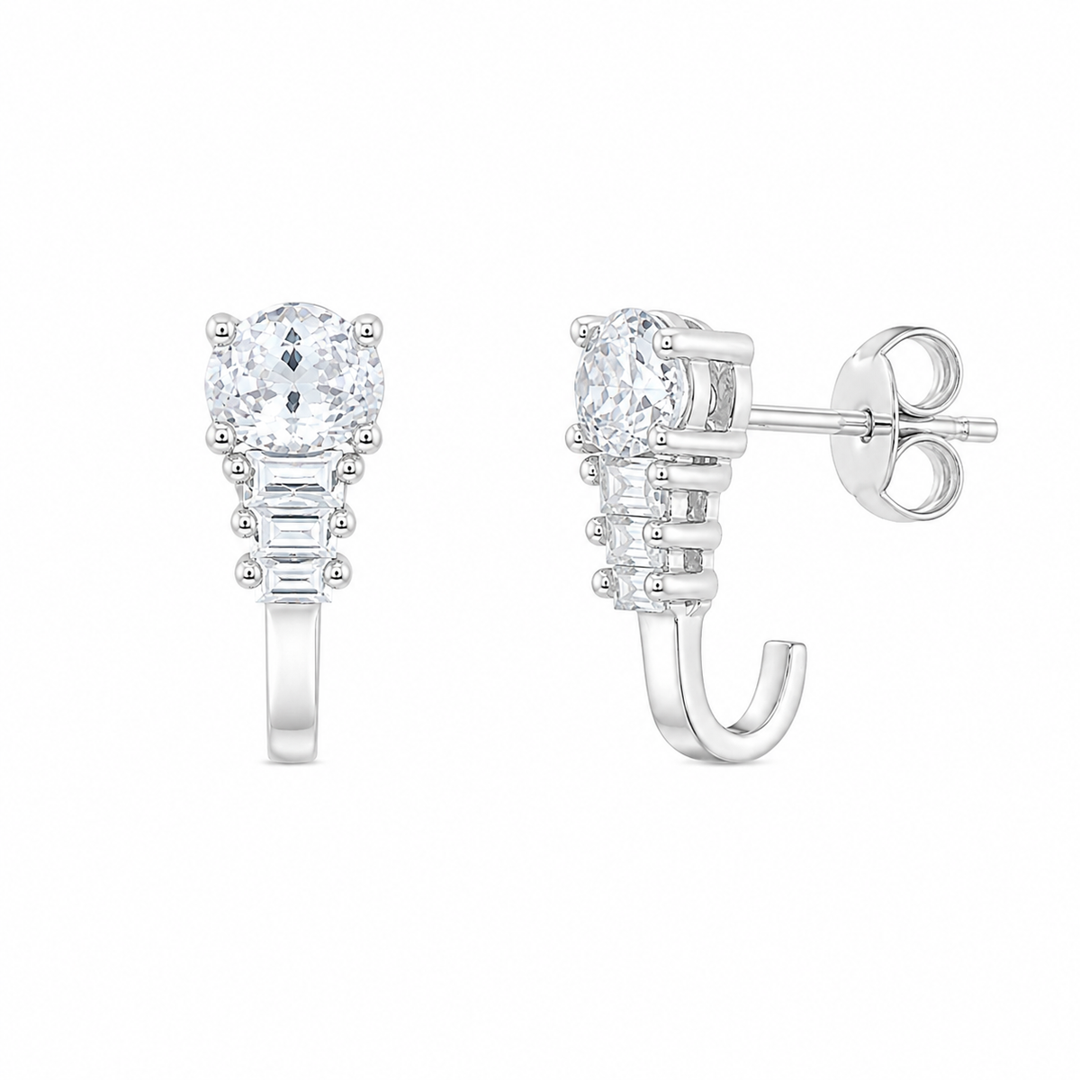 Rhodium Plated 925 Round & Baguette J-Half Hoop Earrings - ACE00026