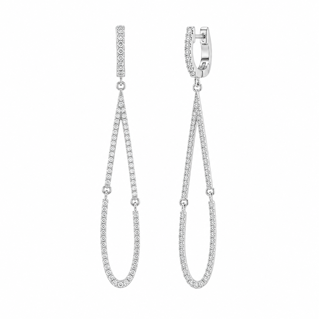 Rhodium Plated 925 Silver Open Tear Drop CZ Huggie Dangle Earrings - ACE00098rH