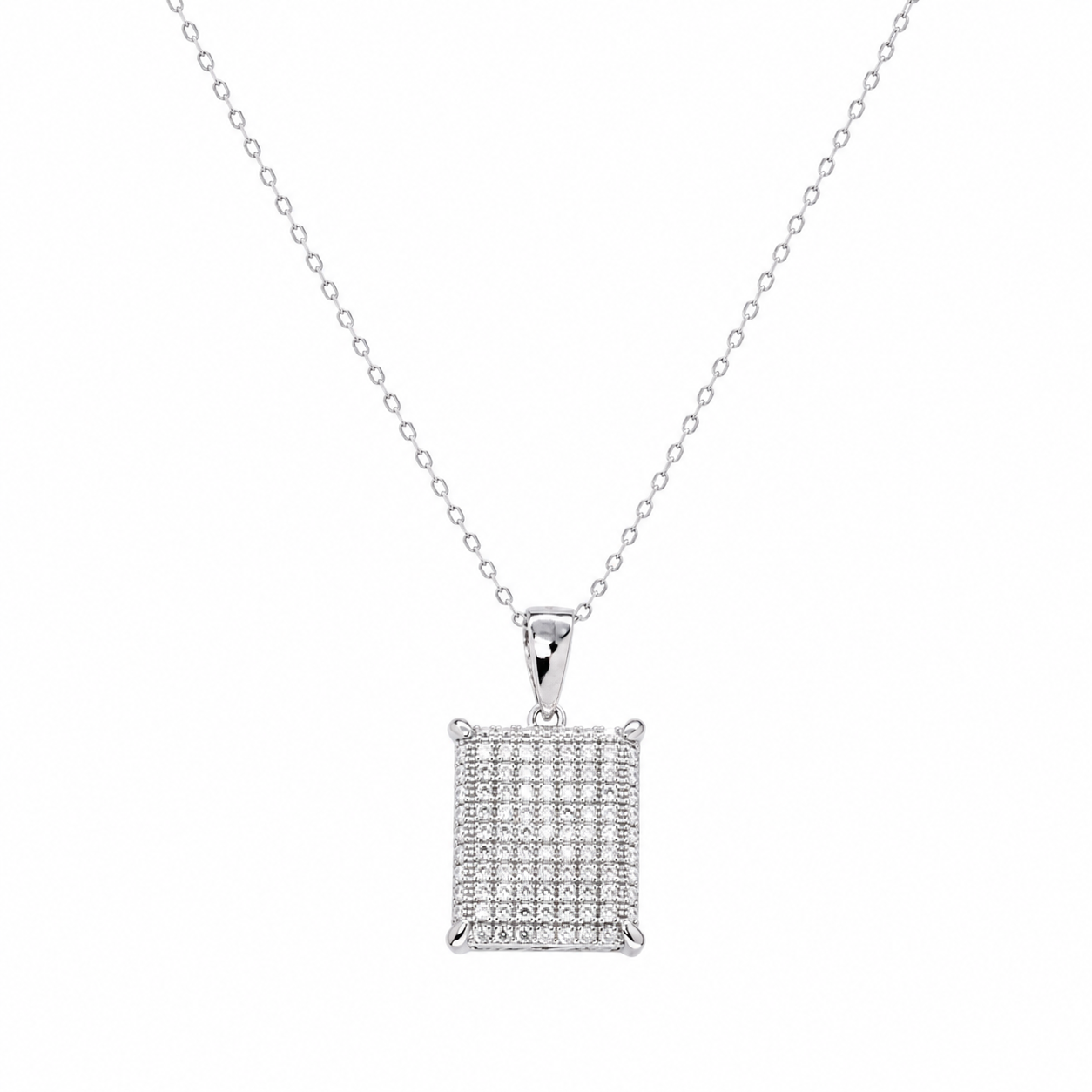 Rhodium Plated 925 Silver Rectangle Micro Pave CZ Pendant Necklace - ACP00053