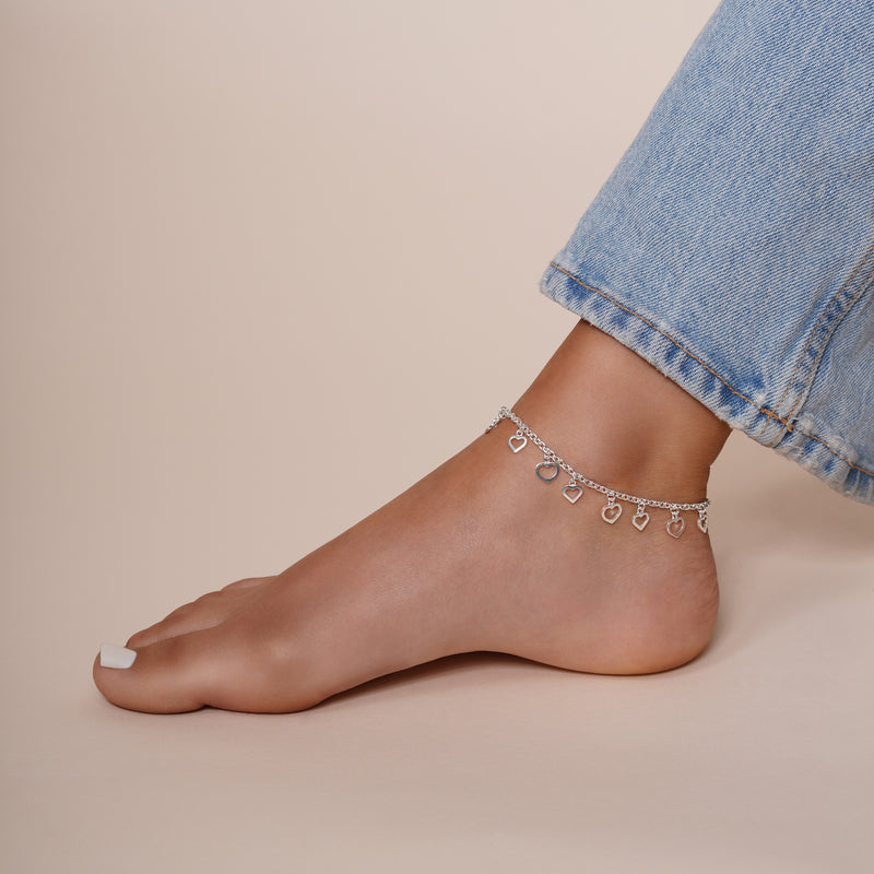 Silver 925 Multi Dangling Open Hearts Anklet - ANK00001