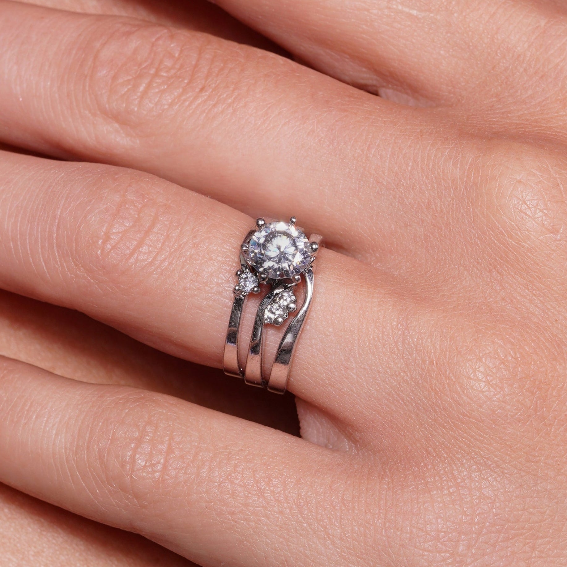 Rhodium Plated 925 Sterling Silver Clear Double Stackable CZ Engagement Ring Set - ANT00017