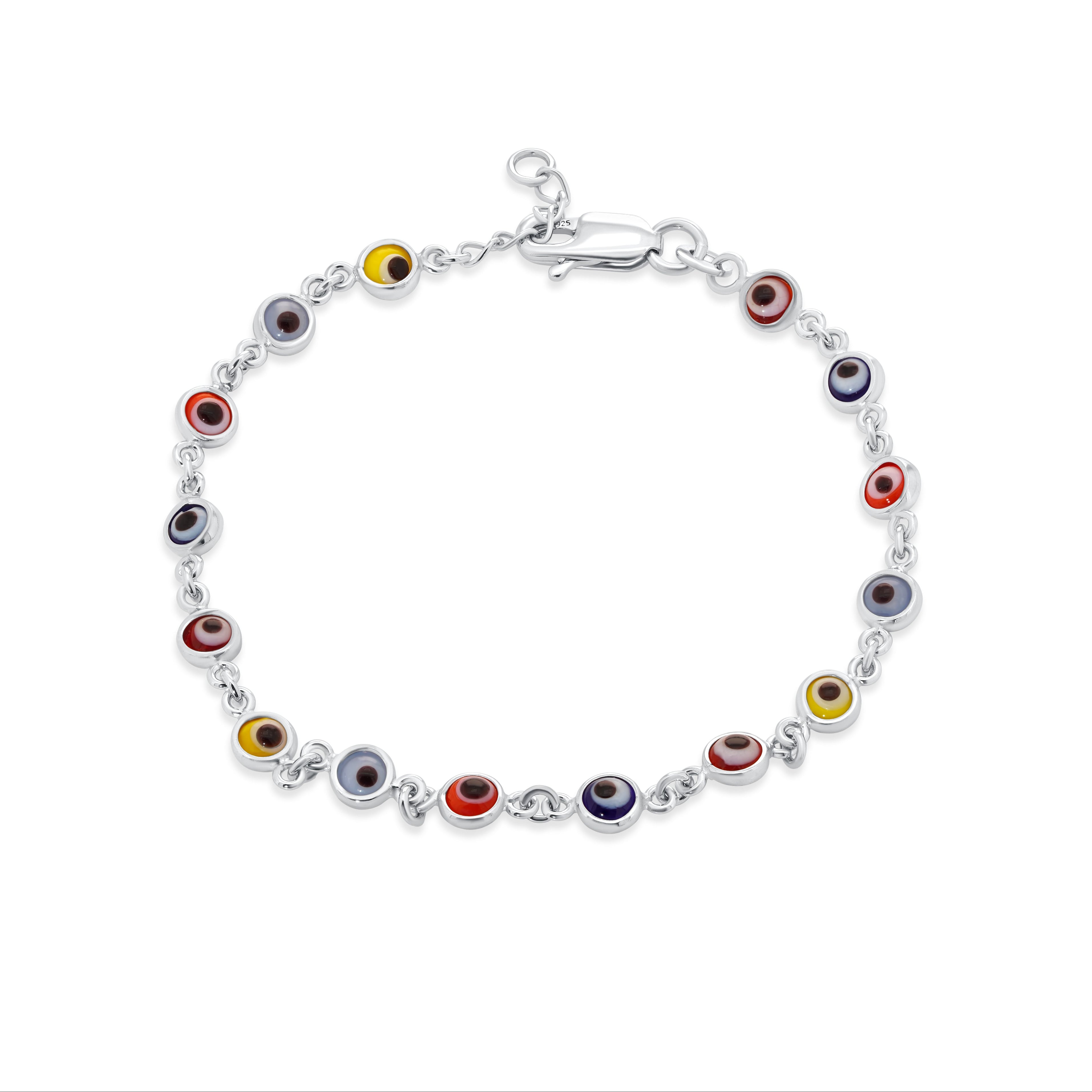 Rhodium Plated 925 Sterling Silver Fifteen Multi Color Evil Eye 4.5mm Charm Adjustable Bracelet - APB00004